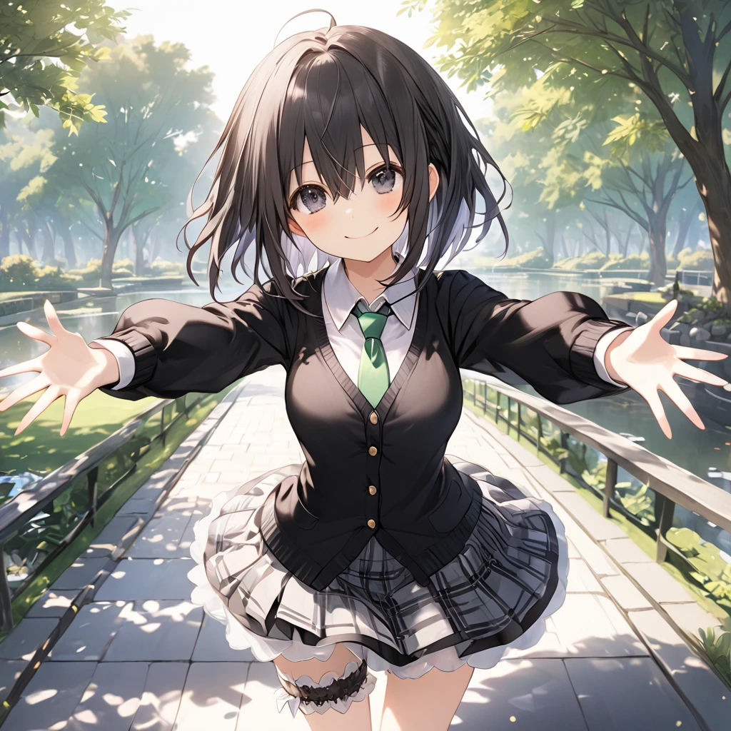 ( 1 girl),Green \(Neptunia )\, black hair, black eyes,smile, blush、short hair, (long sidelocks:1.5), (closed black cardigan :1.5)、(Regular necktie:1.5)、( black plaid mini skirt:1.5)、(Thighs:1.5),(bridal garter:1.５), is wearing an imperial costume that stretches his arms wide :1.5,Park Walkway、In front of the pond、front、 Cowboy Shot 、( perfect anatomy ),( best quality), ( ultra hi-res), (超 high definition ), ( Highly Detailed CG), (32K), (masterpiece)、eyesHD