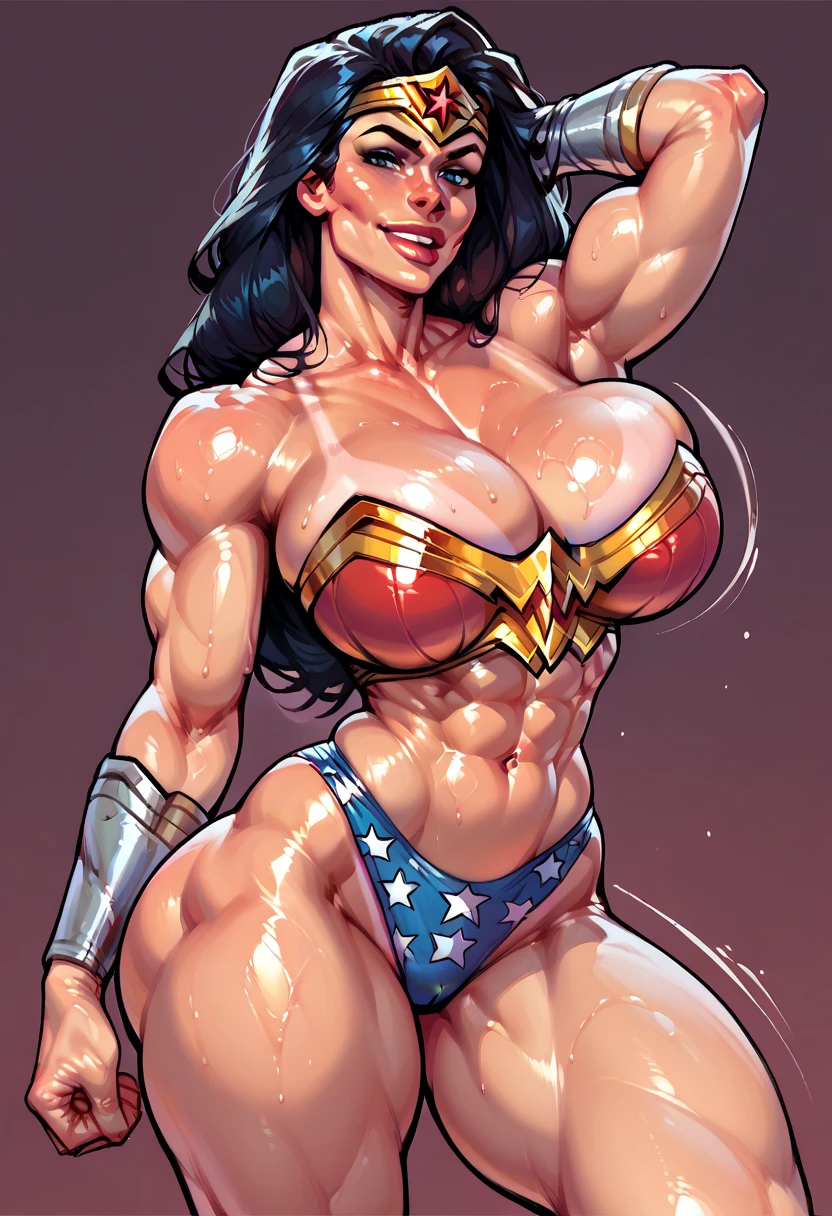 score_9, score_8_up, score_7_up, Wonder Woman, Justice League: War, seductive, naughty expression, big breasts, cleavage, abs pack, posing for the camera, underwear, oiled skin, tanlines, muscular body, thickthighs, motion lines, motion blur