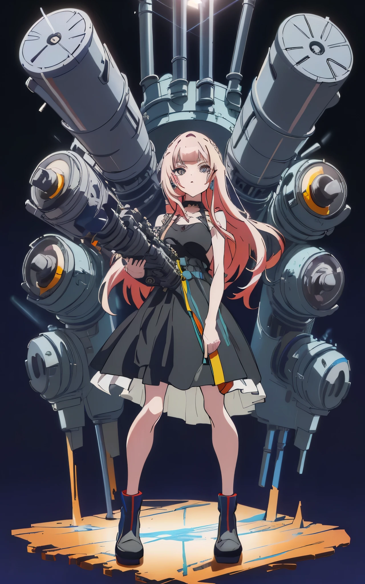 (cyber punk), (top quality:1.2, masterpiece:1.4, EXQUISITE RENDERING :1.3), ((A girl carrying a weapon that looks like a feather on her back:1.2)), (Clear eyes,  glossy lips , pretty face), ((  ARMS CONVERTED TO LASER CANNON:1.4)), (  WITH LASER CANNON :1.4), ((Blue long dress:1.8)), (  EXQUISITE PAINTED DRESS  ),   MECHANIZED ANIMATION MACHINE GUN FIRE ,  A warring sniper girl  , Soldier Girl,  FEMALE ACTION ANIMATION ANIMATION GIRL , Neon City,  POST APOCALYPSE ART ,  androgynous ,  mixed media ,  blue legwear , Analog Horror,Nightmare Fuel,  seductively beautiful ,  Beautiful and Evil ,  ((Fighting Pose:1.5)), (full body photo :1.2)、((black background:1.6)),