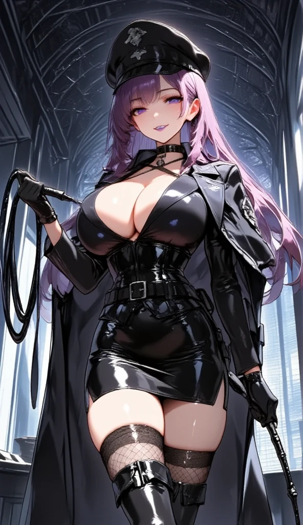  Young Beautiful Woman,(masterpiece, top quality, very detailed depiction, Incredibly Absurd High Definition ,Curvaceous Body,Beautiful legs,High quality skin),(Female executive of an evil organization:1.3),( Shiny Black Bondage Corset with Intricate Structures:1.3,Black Latex Tight Skirt :1.3, bodystocking ,military hat,Military cloak,Black leather belt, long gloves, leather choker, black tights, leather thigh-high boots),(Purple Eyes, my eyes are half closed:1.2, big breasts, bewitching smile,Shiny purple lips,Shadowed face,Seductive gestures, holding a whip in her hand :2.0), full body image , side view:2.0,profile:2.0,background:Bedroom at night,Dim atmosphere