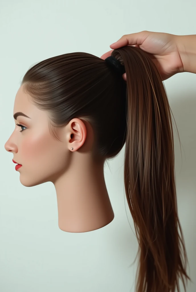 A beautiful young european woman's decapitated head on a plate, from back side. Zoom to the head. She has no neck and no shoulders. She tilt her head back. No blod. She has beautiful straight, thick, smooth, silky, brunette, long hair, in a thick ponytail. A hand grabs her ponytail and pulls back her head. Light background.