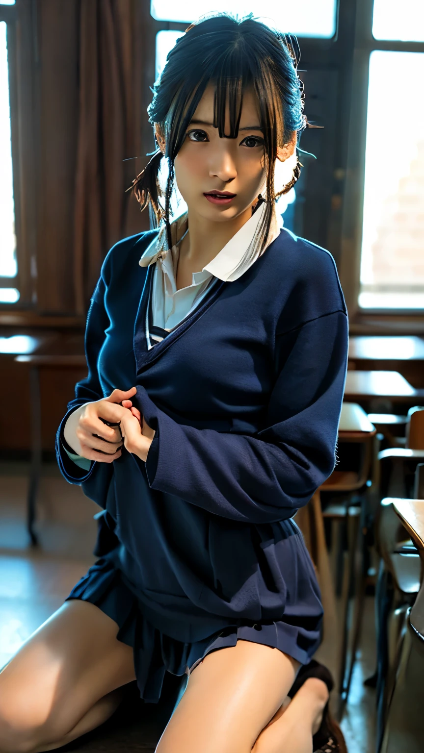 (Silk bra、 shirt lift、Lifted it himself:1.2)、(( top quality、8k、masterpiece:1.3))、((Evening Classroom、high school))、 VERY DETAILED EXPRESSION , fine detail、 high-definition face movie lighting that looks down、 1 girl、Front fascia、(( black hair))、 Highly Detailed Face and Skin Textures、 detailed eyes on board、 pleated skirt (((dark blue school uniform )))、 navy blue jacket、 neck ribbon, SHOW OFF YOUR SHIRT ,, wear bras , short hair, one-curled bob,No ears,hairpin, Twin Tails ,Kneel,