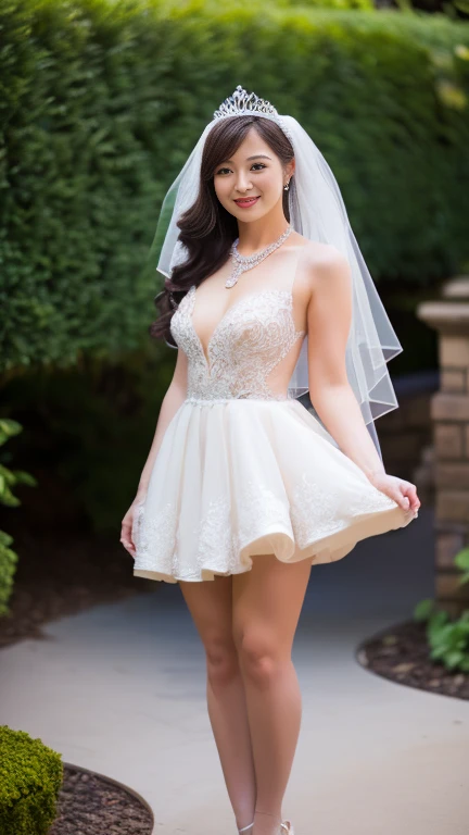 full body shot, from below,  japanese mature,  detailed face , smile, Facial wrinkles, Wrinkles around the eyes,  Detailed Skin Textures ,  white skin,  long hair, curvy body, saggy breasts,  plump thighs, (earrings,  necklace, ballerina, wedding dress, tiara, wedding veil, mini skirt:1.2), ( is wearing high heels:1.2), (Standing in the garden,  photograph the whole body from toe to head,:1.2), (surrealism, best quality, ultra detailed, absolutely resolution, 8k, anatomically correct), depth of field, looking at viewer, full body,  detailed face , (very short mini skirt wedding dress, Flared skirt)
