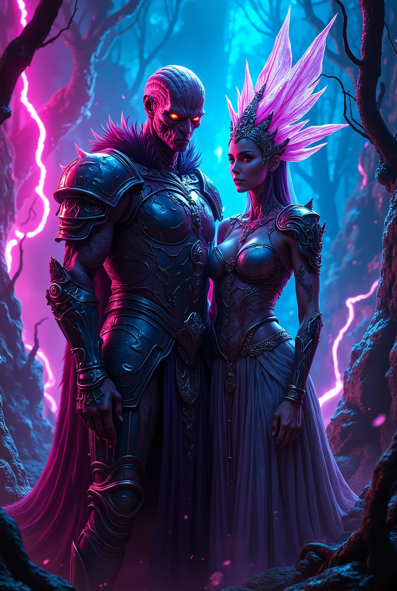 score_9, score_8_up, score_7_up, score_6_up, score_5_up, score_4_up, (best quality,4K,8k,highres,masterpiece:1.2), (super realistic photo:1.6), A neon-colored, mutant Grimm knight, stunning female, (Cthulhu Bishop:1.2), highly detailed, ultra-realistic, 8K, cinematic lighting, dramatic shadows, vibrant neon colors, glowing energy, intricate armor, twisted and distorted features, eldritch horror, dark fantasy, photorealistic, nightmare