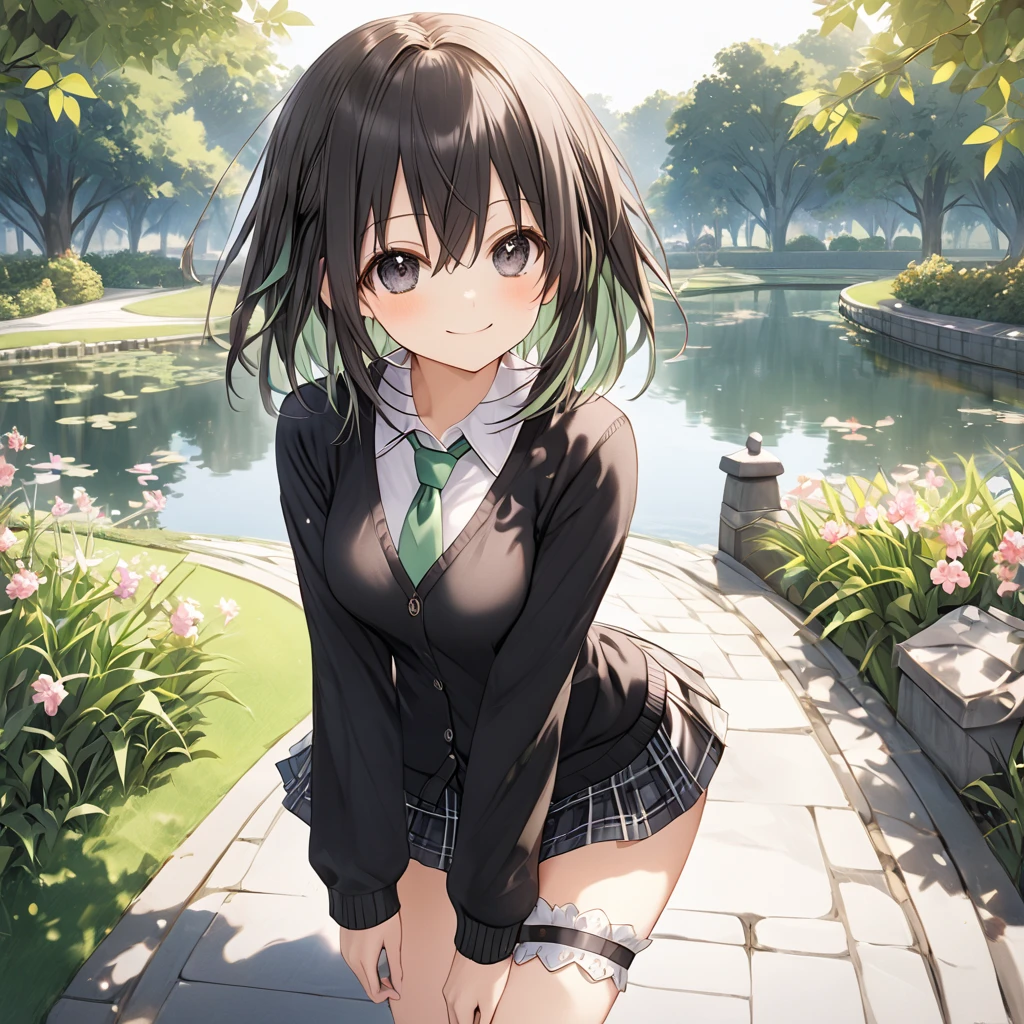 ( 1 girl),Green \(Neptunia )\, black hair, black eyes,smile, blush、short hair, (long sidelocks:1.5), (closed black cardigan :1.5)、(Regular necktie:1.5)、( black plaid mini skirt:1.5)、(Thighs:1.5),(bridal garter:1.５),Extend one arm forward:1.5,Park Walkway、In front of the pond、front、 Cowboy Shot 、( perfect anatomy ),( best quality), ( ultra hi-res), (超 high definition ), ( Highly Detailed CG), (32K), (masterpiece)、eyesHD