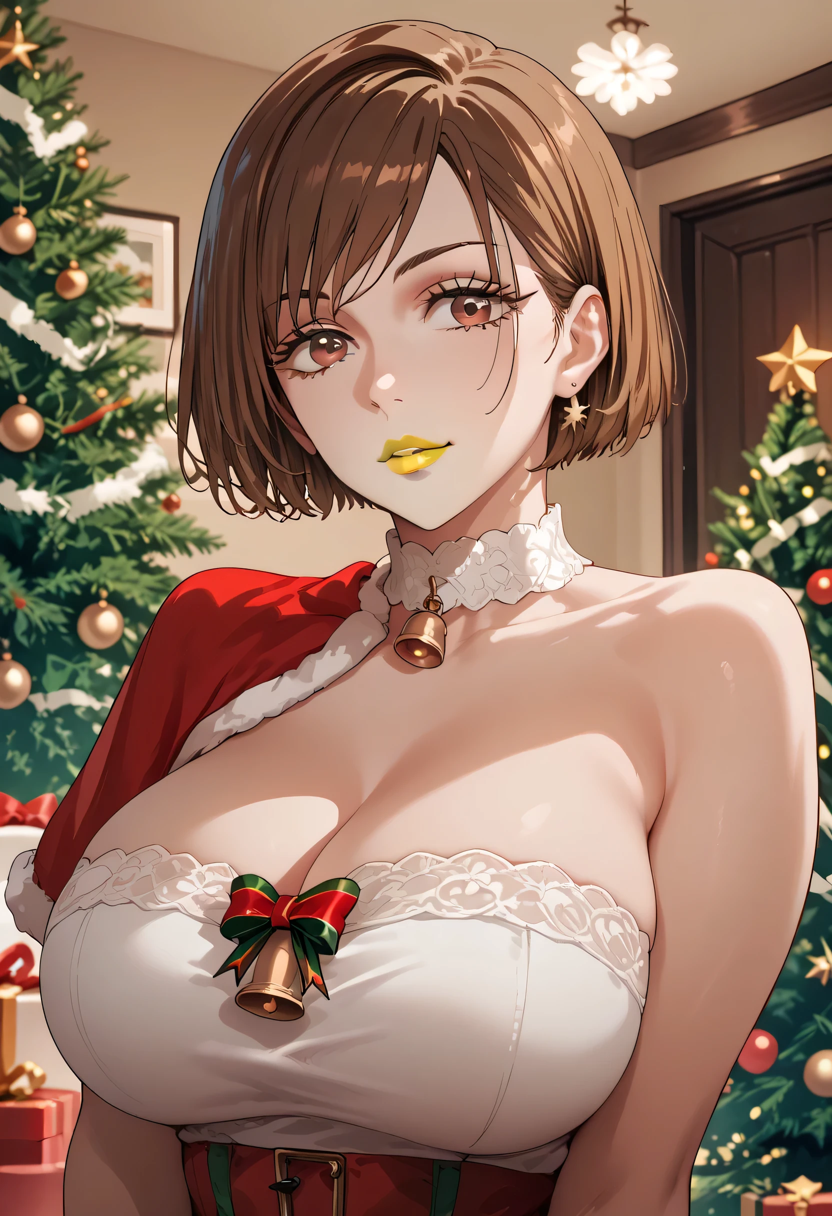 woman, brown hair, white skin, yellow lipstick, short christmas outfit, christmas, anime style, big breasts, brown eyes, nobara, looking at viewer, short hair