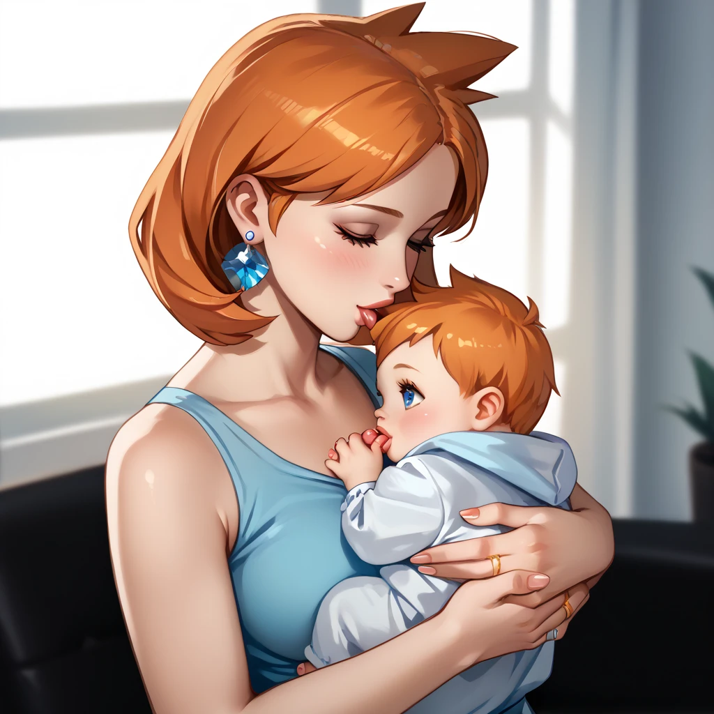 highly detailed, (duo focus), highres, 1woman, 1baby, BREAK, 1woman, Misty_G2, orange hair, gold wedding ring, ring on ring finger, blue teardrop earrings, blouse, holding baby, BREAK, 1baby, black hair, baby black hair, mother with baby, baby carry, swaddled, kiss to forehead,