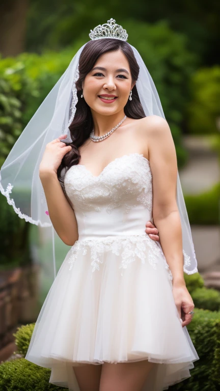 full body shot, from below,  japanese mature, 90 years old,  detailed face , smile, Facial wrinkles, Wrinkles around the eyes,  Detailed Skin Textures ,  white skin,  long hair, curvy body, saggy breasts,  plump thighs, (earrings,  necklace, ballerina, wedding dress, tiara, wedding veil, mini skirt:1.2), ( is wearing high heels:1.2), (Standing in the garden,  photograph the whole body from toe to head,:1.2), (surrealism, best quality, ultra detailed, absolutely resolution, 8k, anatomically correct), depth of field, looking at viewer, full body,  detailed face , (very short mini skirt wedding dress, Flared skirt)
