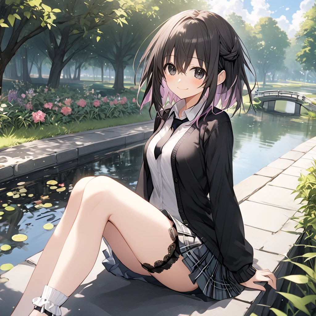 ( 1 girl),Green \(Neptunia )\, black hair, black eyes,smile, blush、short hair, (long sidelocks:1.5), (closed black cardigan :1.5)、(Regular black tie :1.5)、( black plaid mini skirt:1.5)、(Thighs:1.5),(bridal garter:1.５),sit、 hold one arm forward:1.5,Park Walkway、In front of the pond、front、 Cowboy Shot 、( perfect anatomy ),( best quality), ( ultra hi-res), (超 high definition ), ( Highly Detailed CG), (32K), (masterpiece)、eyesHD