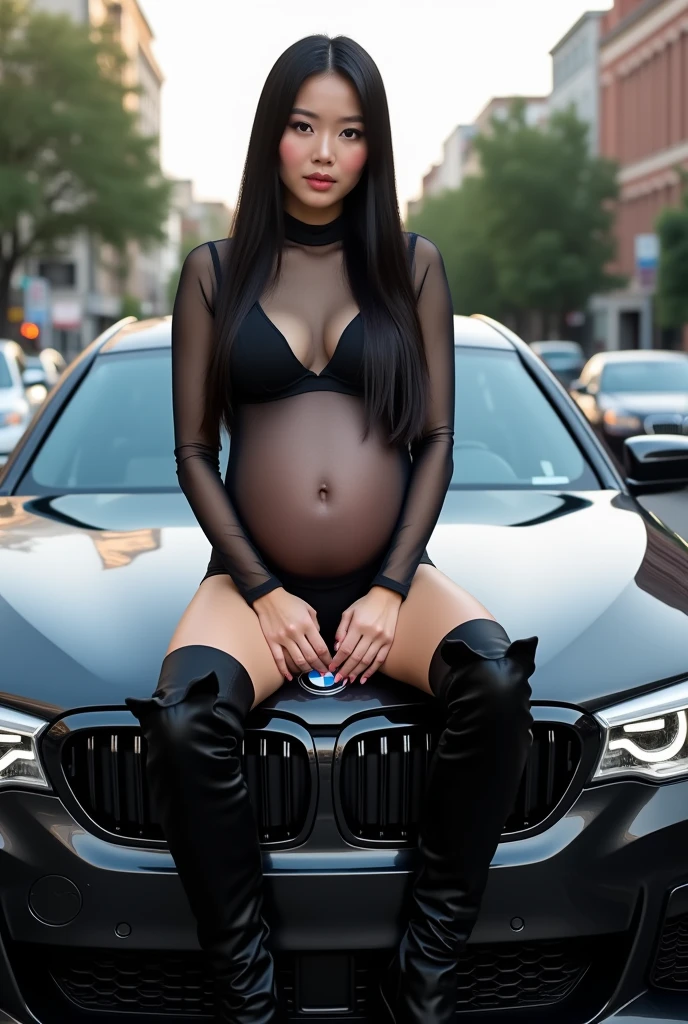 Best Quality, Full Body Portrait, Delicate Face, Beautiful Face, 25 Year Old Woman, Slim Figure, Small Bust, OL Uniform, Office Wear, Black Stockings, Outdoor Scene, Seated, Pregnant Woman