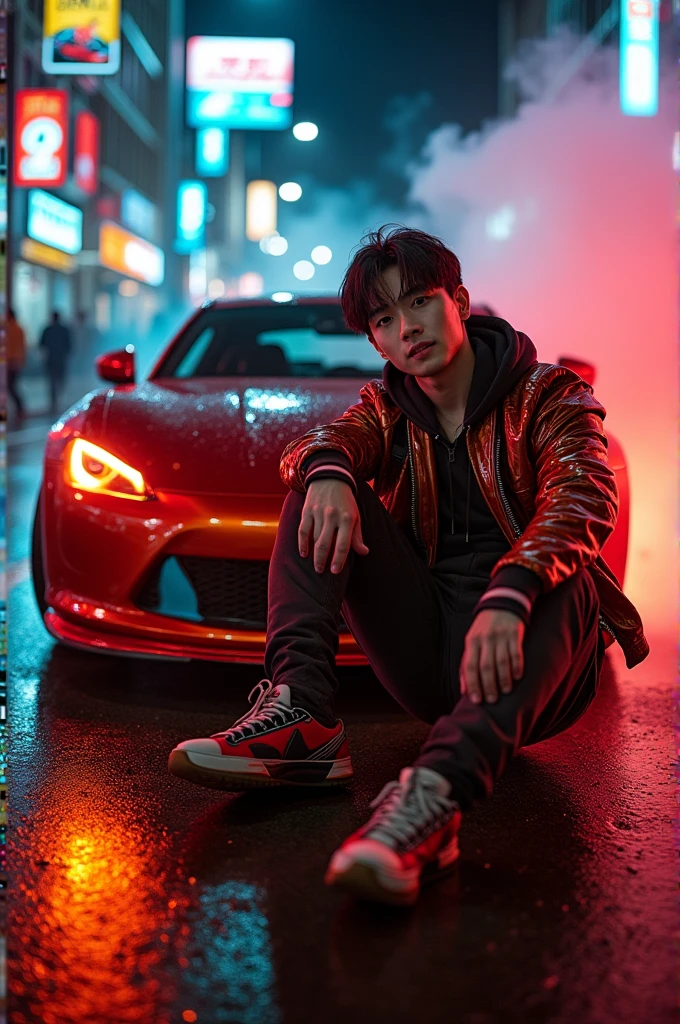arafed man sitting on the hood of a sports car, profile picture 1024px, akira vibes, very reflective, thertrevkaiser, steve zheng, mid shot portrait, inspired by Liam Wong, album art, andrew thomas huang, high quality portrait, japanese streetwear, tony taka, hypebeast, & jeehyung lee & wlop, cars portraits
