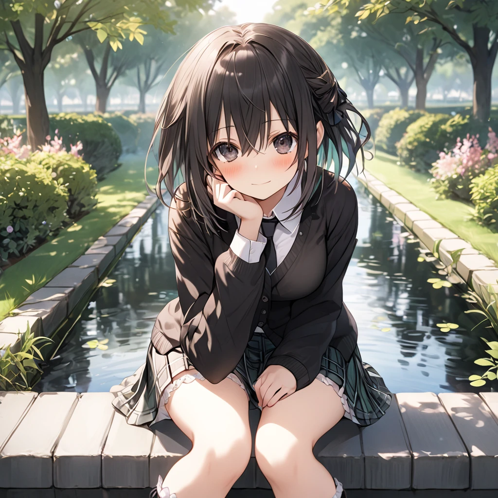 ( 1 girl),Green \(Neptunia )\, black hair, black eyes, embarrassed face、blush、short hair, (long sidelocks:1.5), (closed black cardigan :1.5)、(Regular black tie :1.5)、( black plaid mini skirt:1.5)、(Thighs:1.5),(bridal garter:1.５),sit、 stand on your knees 、 open legs、Extend one arm forward:1.5,Park Walkway、In front of the pond、front、 Cowboy Shot 、( perfect anatomy ),( best quality), ( ultra hi-res), (超 high definition ), ( Highly Detailed CG), (32K), (masterpiece)、eyesHD