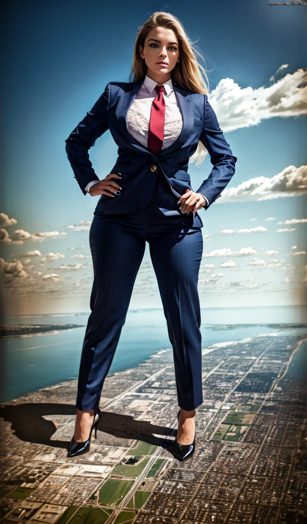 Giantess art, 100 miles tall giga giantess, sophisticated and stylish woman in a light red italian pinstriped trouser suit, form fitting crisp white office shirt, and a large wide navy blue necktie in a windsor knot, with a beautiful, curvaceous figure, large natural breasts, and long wavey blonde hair, with a curvaceous figure and massive breasts. wearing red rounded court high heels with uncovered feet and standing, rampage-like pose, with a cityscape background of mega-city, urban sprawl, and small towns, partially obscured by a hazy, cloudy atmosphere. The image is a high-resolution, masterpiece-quality, cinematic, ultra-detailed, and hyper-photorealistic photograph, with perfect hands, face, and lighting. ultra-detailed, 8K, photo-realistic, hyper-realistic, masterpiece, intricate details, full body view. Looking at camera, The image is a high-resolution, masterpiece-quality, cinematic, ultra-detailed, and hyper-photorealistic photograph, with perfect hands, face, and lighting. ultra-detailed, 8K, photo-realistic, hyper-realistic, masterpiece, intricate details, full body view, view from below