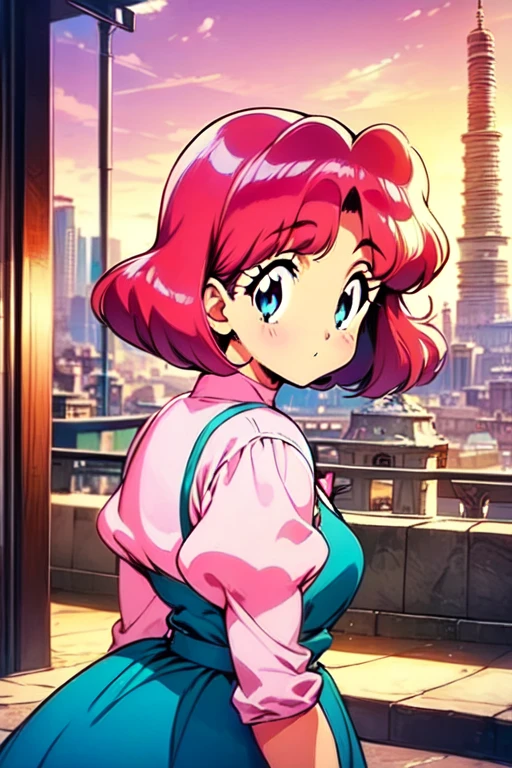 masterpiece, City Pop Style, Pink Hair, fluffy bobcut, Retro, vintage, Cityscape, A woman with bob hair standing in front of a building, anime mo artstyle