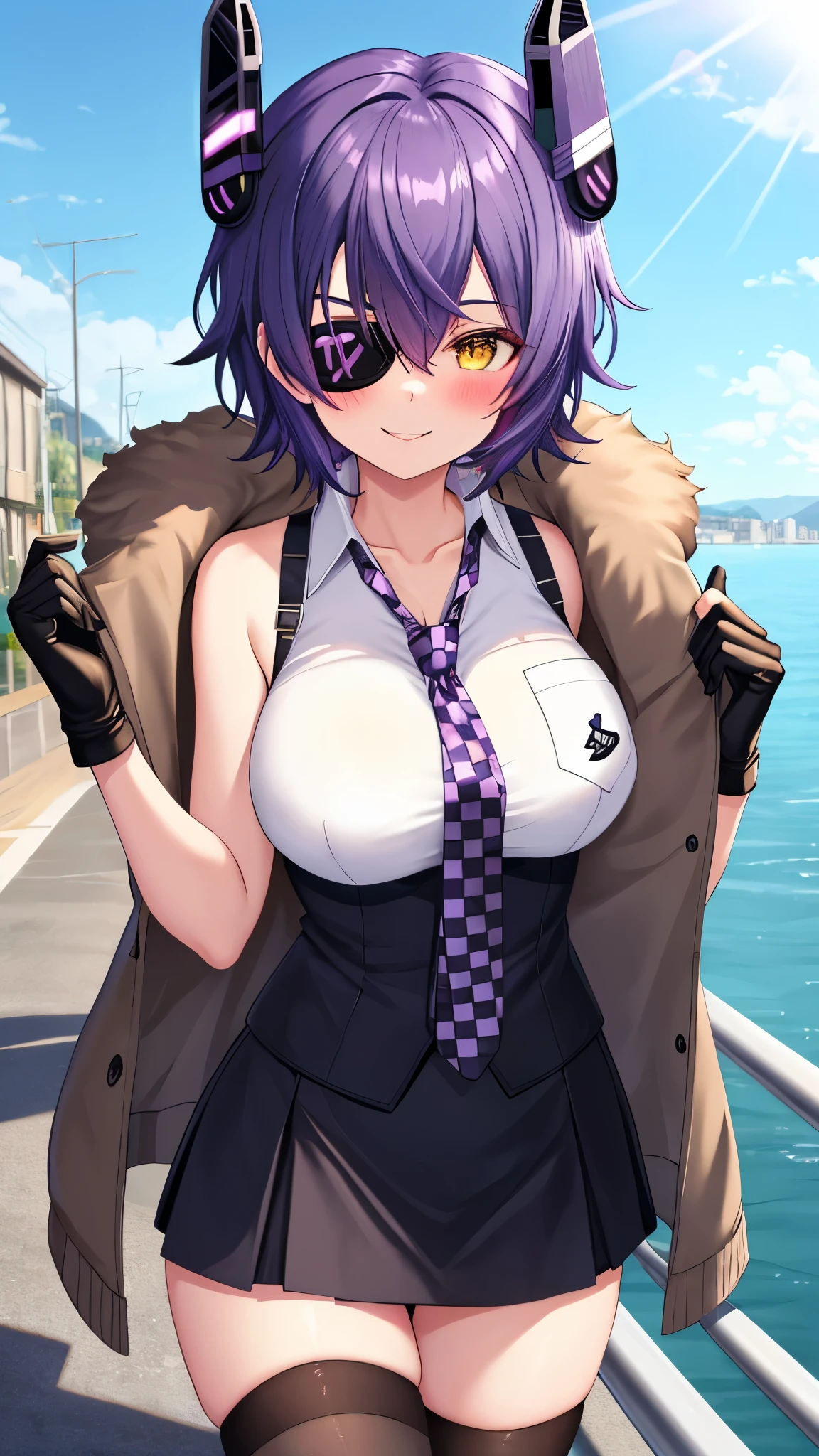 best quality, masterpiece, solo, {tenryuu_kantaicollection:1.15}, teen_girl, eyepatch, short_hair, purple_hair, yellow_eyes, headgear, breasts, necktie, large_breasts, smile, 1girl, blush, checkered_necktie, hair_over_one_eye, shirt, collared_shirt, white_shirt, jacket, sleeveless, brown_eyes, fur-trimmed_jacket, fur_trim, collarbone, looking_at_viewer, pocket, breast_pocket, ,, messy_hair, black_gloves, gloves, partially_fingerless_gloves,harbor_road_landscape_background,outdoor,short_skirt,thigh-highs,boots,sunlight,from_below