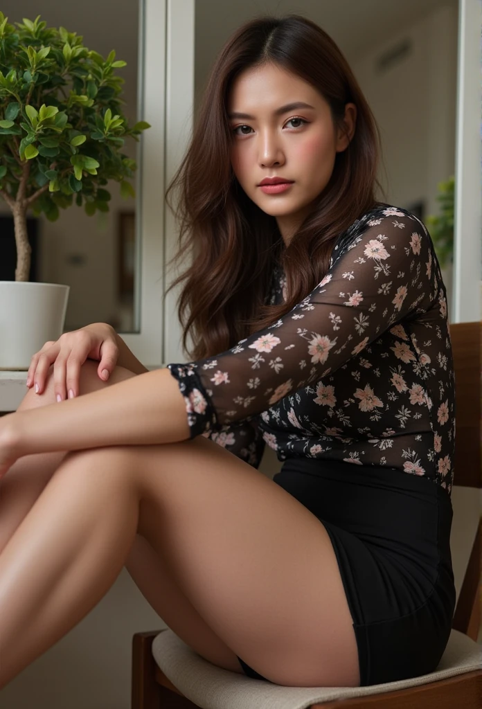  Thai Women,Beautiful face,Age 30 years,Black extra short skirt,Pencil Shape,Floral shirt , sitting on a chair, on the back is a small tree in the mirror,Realistic lighting,Bare legs,upskirt