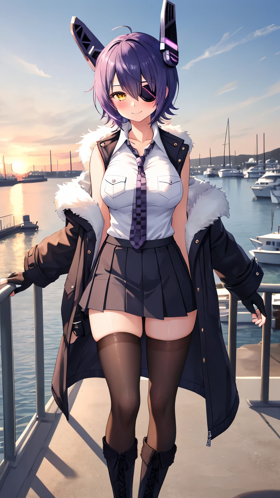 best quality, masterpiece, solo, {tenryuu_kantaicollection:1.}, teirl, eyepatch, short_hair, purple_hair, yellow_eyes, headgear, breasts, necktie, large_breasts, smile, 1girl, blush, checkered_necktie, hair_over_one_eye, shirt, collared_shirt, white_shirt, jacket, sleeveless, brown_eyes, fur-trimmed_jacket, fur_trim, collarbone, looking_at_viewer, pocket, breast_pocket, ,, messy_hair, black_gloves, gloves, partially_fingerless_gloves,harbor_road_landscape_background,outdoor,short_skirt,thigh-highs,boots,sunlight,from_below