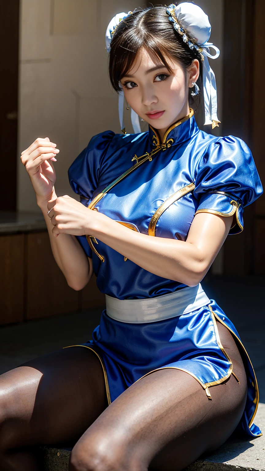 《Street Fight II》Chun-Li,Perfect Chun-Li Costume,Blue and gold thread cheongsam,Bun head,Good cover,Fighting Stance,High Kick,Kick、Lift your legs,masterpiece、1 beautiful girl、beautiful eyes、Puffy eyes、best quality, 超high resolution, (Reality: 1.4), light、Super beautiful、Beautiful skin、turn body forward、(Ultra-realistic)、(high resolution)、(8K)、(Very detailed)、(Beautiful eyes)、(Super detailed)、 (wall-)、Delicate face、Bright Light、Professional lighting、Looking at the audience、Direct vision、Tilted stone sculpture, best quality, masterpiece, best quality, Perfect face, Perfect brown eyes and white sclera, Bad Move - 5, Solitary, 1 girl, Upper Body, brown hair, From SF2, Chinese service, Smile, muscular woman, Blue clothes, Pantyhose, Pelvic Curtain, Full short sleeves, Good cover, sash, Evaluate,kick up.