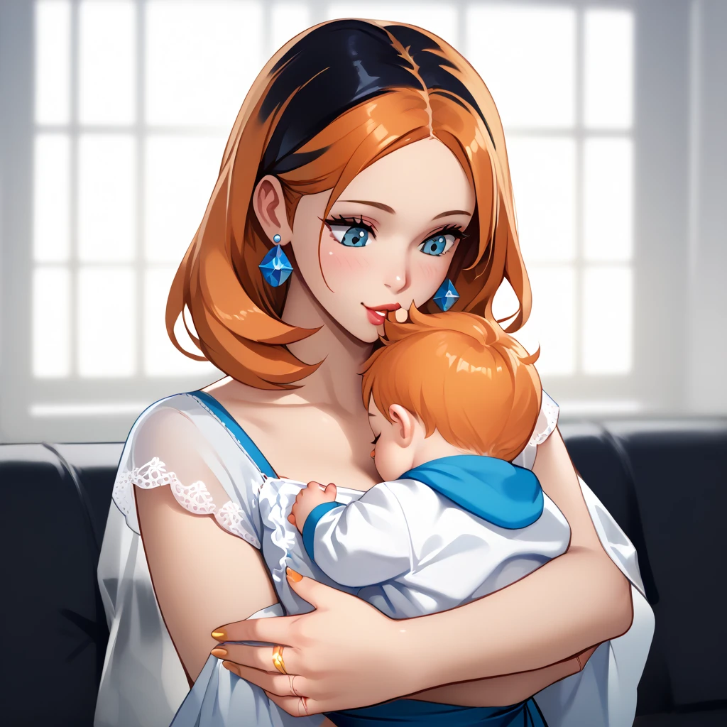 highly detailed, (duo focus), highres, 1woman, 1baby, BREAK, 1woman, Misty_G2, orange hair, gold wedding ring, ring on ring finger, blue teardrop earrings, blouse, holding baby, BREAK, 1baby, black hair, baby black hair, mother with baby, baby carry, swaddled, kiss to forehead,