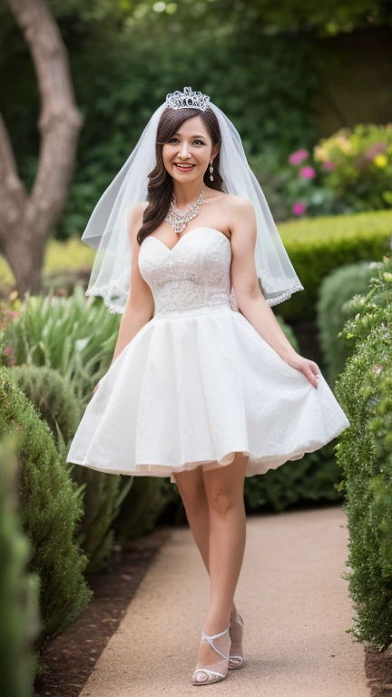 full body shot, from below,  japanese mature, 90 years old,  detailed face , smile, Facial wrinkles, Wrinkles around the eyes,  Detailed Skin Textures ,  white skin,  long hair, curvy body, saggy breasts,  plump thighs, (earrings,  necklace, ballerina, wedding dress, tiara, wedding veil, mini skirt:1.2), ( is wearing high heels:1.2), (Standing in the garden,  photograph the whole body from toe to head:1.2), (surrealism, best quality, ultra detailed, absolutely resolution, 8k, anatomically correct), depth of field, looking at viewer, full body,  detailed face , (very short mini skirt wedding dress, Flared skirt)
