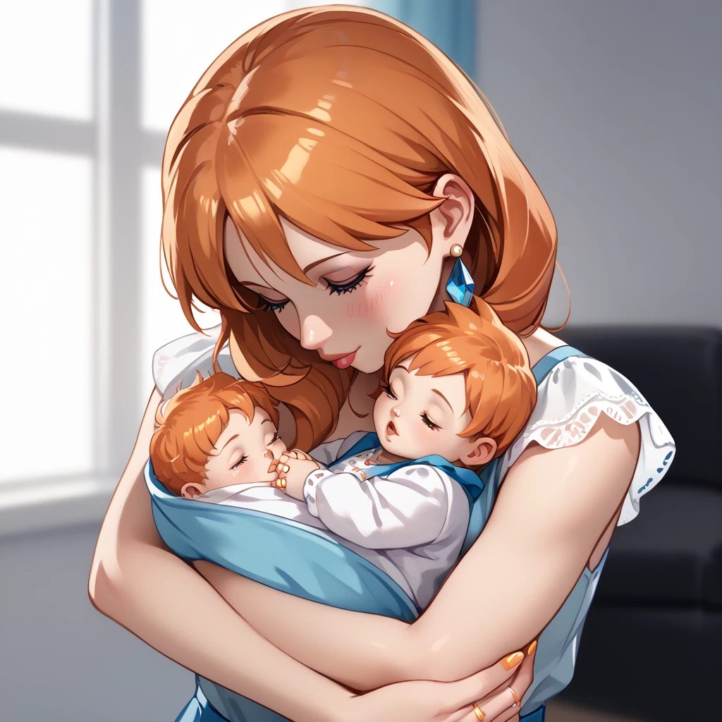 highly detailed, (duo focus), highres, 1woman, 1baby, BREAK, 1woman, Misty_G2, orange hair, gold wedding ring, ring on ring finger, blue teardrop earrings, blouse, holding baby, BREAK, 1baby, black hair, baby black hair, mother with baby, baby carry, swaddled, kiss to forehead,