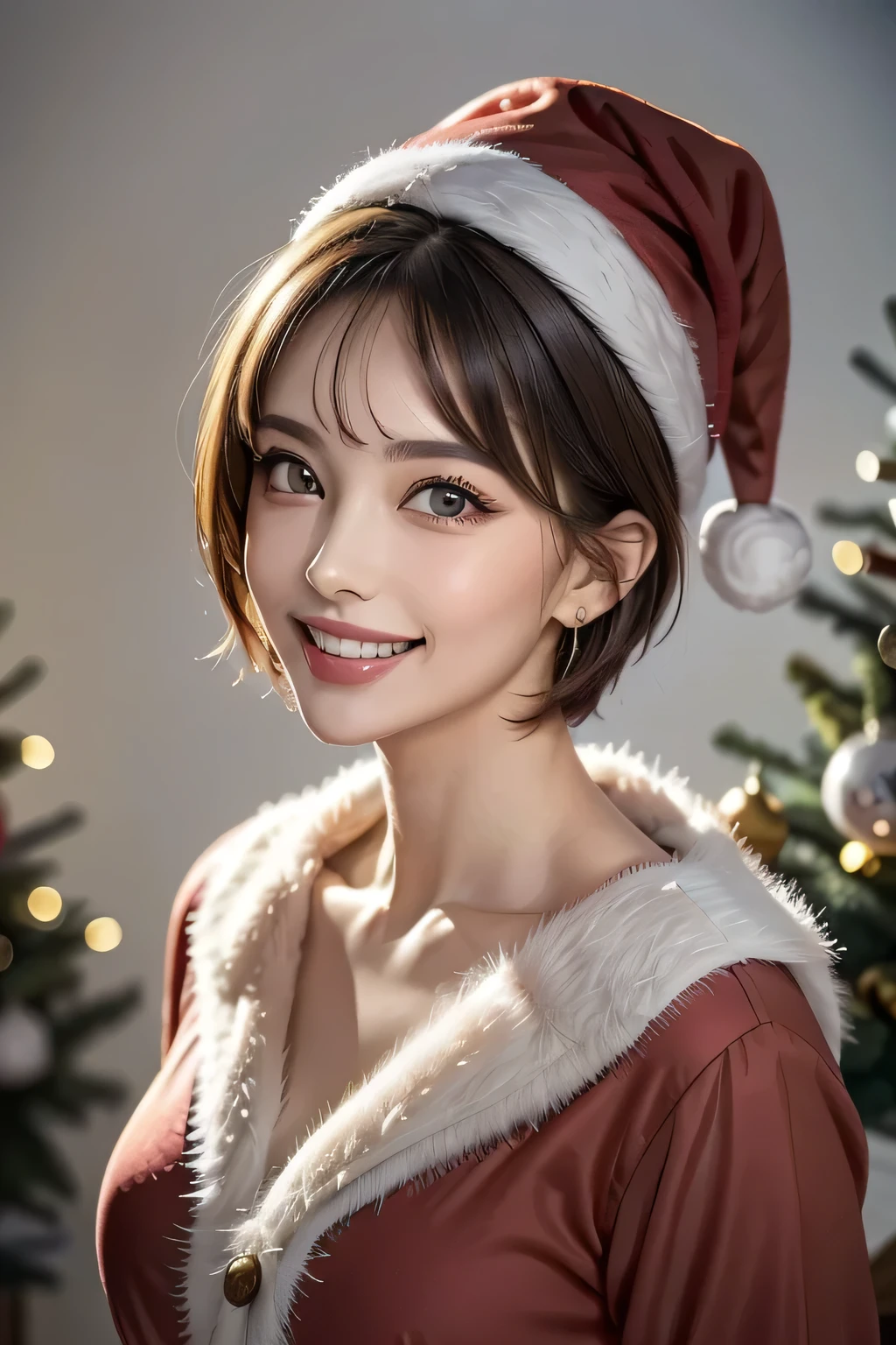 (8k quality), (best quality: 1.2), (realistic,), (photorealistic), ultra high definition, 1 girl, (((solo)), cute, smile, closed mouth, beautiful details, beautiful nose in detail, short hair, huge breasts darcepho, big eyes, long neck, ears, short hair, short hair, huge, ((Santa Claus costume, accurate Santa Claus hat, bangs, bangs, long neck, beautiful, cute, really snow-white background, smile a little, highlight in the eyes, light brown eyes, put out the ears)))