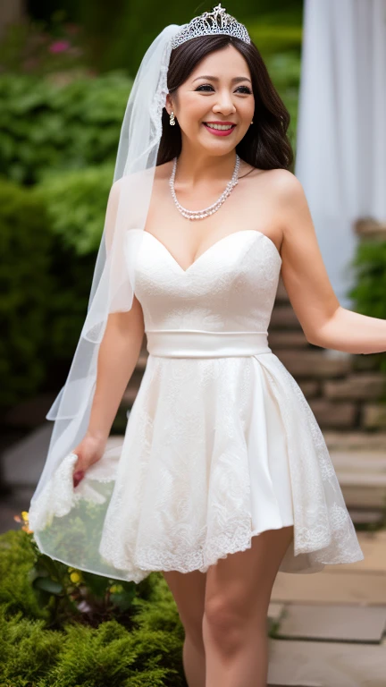 full body shot, from below,  japanese mature, 90 years old,  detailed face , smile, Facial wrinkles, Wrinkles around the eyes,  Detailed Skin Textures ,  white skin,  long hair, curvy body, saggy breasts,  plump thighs, (earrings,  necklace, ballerina, wedding dress, tiara, wedding veil, mini skirt:1.2), ( is wearing high heels:1.2), (Standing in the garden,  photograph the whole body from toe to head:1.2), (surrealism, best quality, ultra detailed, absolutely resolution, 8k, anatomically correct), depth of field, looking at viewer, full body,  detailed face , (very short mini skirt wedding dress, Flared skirt)
