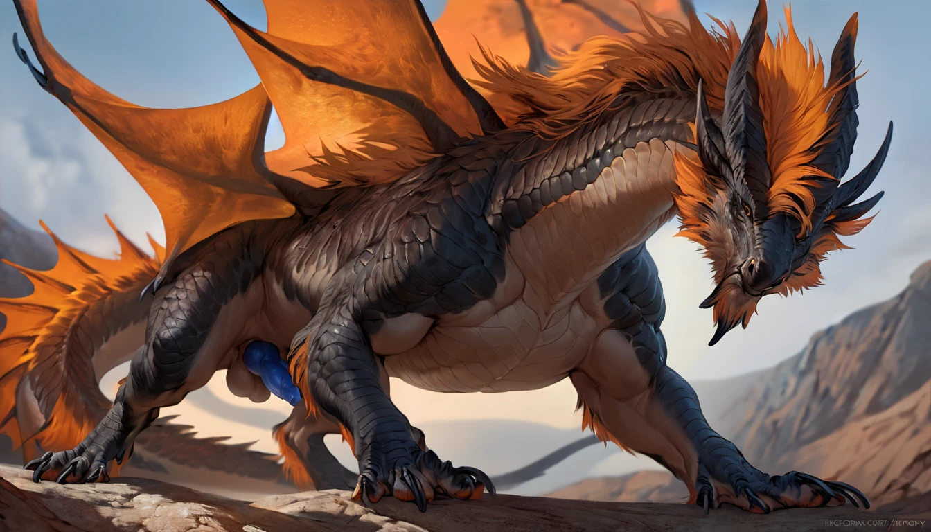 (by taran fiddler), (by darkgem:0.8), (by chunie:1), masterpiece, detailed scales, portrait, seductive, serious, side view, (looking at viewer), (mrmordaut), red dragon, (detailed pixar eyes:1.2), detailed eyes, male, feral, (tail), glasses, wings, walking, all fours, (penis), speech_bubble, (detailed old farm background), (day),