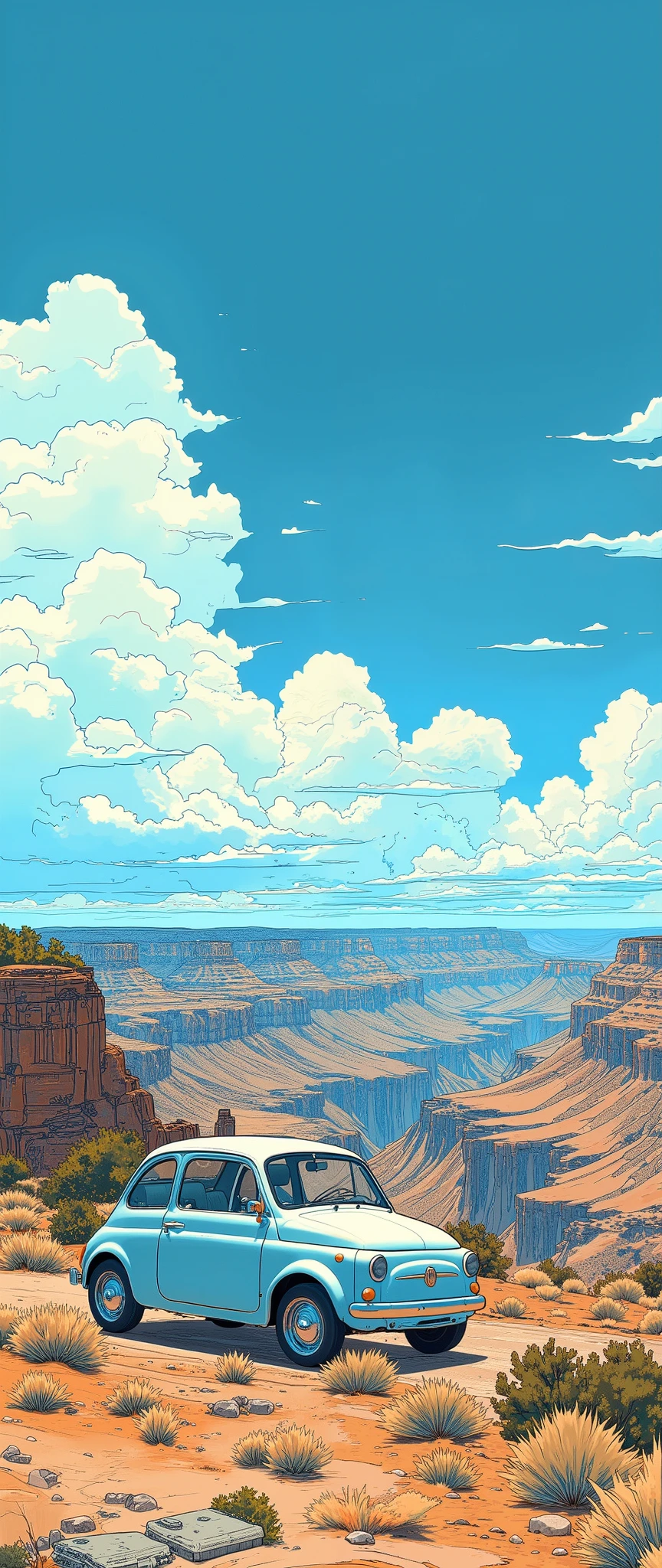( masterpiece :1.2, top quality),( very detailed), Anime Style,8k,16k, wallpaper,( Fiat 500:2.0), Beautiful blue sky ,(アメリカ:2 .0),(グランドキャニオン:2.0),( dynamic :2.0)