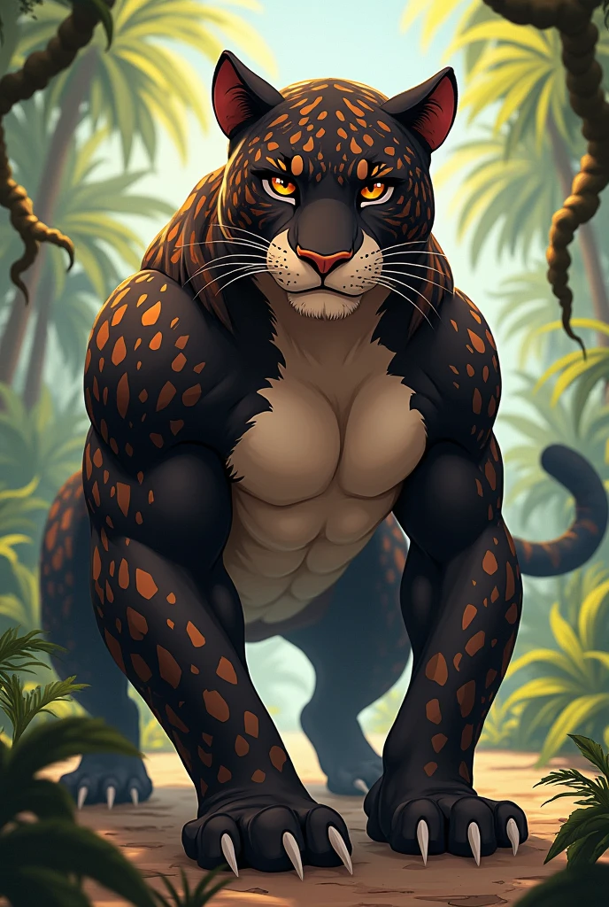 A humanized panther, with his muscular build and sleek feline features on full display, holds a metallic i-shaped profile in his strong, calloused hands. His intricately detailed eyes, a warm and inviting golden hue, meet the viewer's gaze with a hint of curiosity. His purr-worthy physique is depicted in the highest quality, every muscle sculpted and defined, a masterpiece of both realism and art. The delicate yet expressive lines of his face add to his masculine allure. The scene is set against a background of crisp, green foliage, the sunlight dappled through the leaves, casting an elegant and bright ambiance. The metal