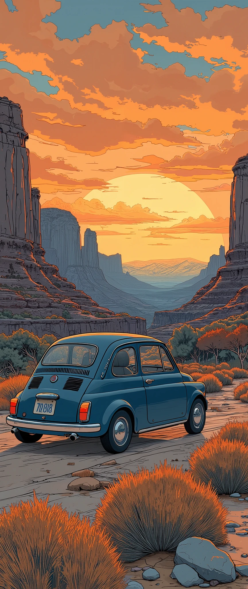 ( masterpiece :1.2, top quality),( very detailed), Anime Style,8k,16k, wallpaper,( Fiat 500:2.0), Beautiful Sunsets ,(America:2 .0),( Grand Canyon:2.0),( dynamic :2.0)