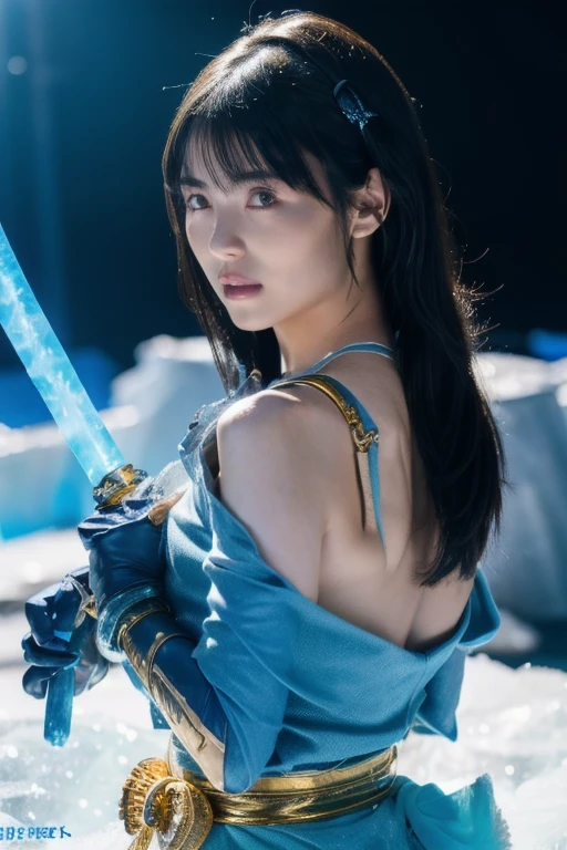 One person,((Highest quality、Best image quality、Ultra-high resolution))、(Photorealistic), (Realistic), (Ultra-high resolution), Tabletop, Highest quality, RAW Photos, Ultra-realistic, Bored face, the air looks clear, mix with lightning.(((He has a legendary sword that emits blue lightning.............)))、blue energy effects,