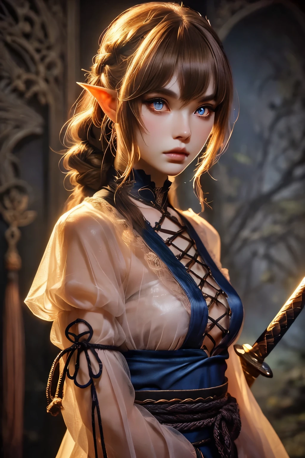 (Ultra-detailed face, Looking away, Fantasy Illustration with Gothic. Dark tone colors.), BREAK 
(A female Eladrin swordsman stands in the center of a sword smith's workshop. She is facing forward. Her hands are outstretched in front of her, holding Japanese swords horizontally. Her eyes are at the same height as the Japanese sword. She grips the handle with one hand and holds the blade in the palm of the other hand. The blade of the Japanese sword is slightly warped. The tsuba is oval in shape and relief, and the hilt has a tightly braided cord.), BREAK 
(The young Eladrin female swordsman has honey-colored hair and eyebrows, blunt bangs, ankle-length flowing hair, pupil-less green glowing eyes, small pink lips, light skin tone, and dark, thick eyeliner.), BREAK 
(The Eladrin female swordsman wears a mini lace-up dress made of layers of dark blue silk fabric with traditional medieval European-style lace ruffles. She wears a pareo wrapped around her waist with an old-fashioned dagger inserted into it. She wears sandals with braided dark vermilion laces.)