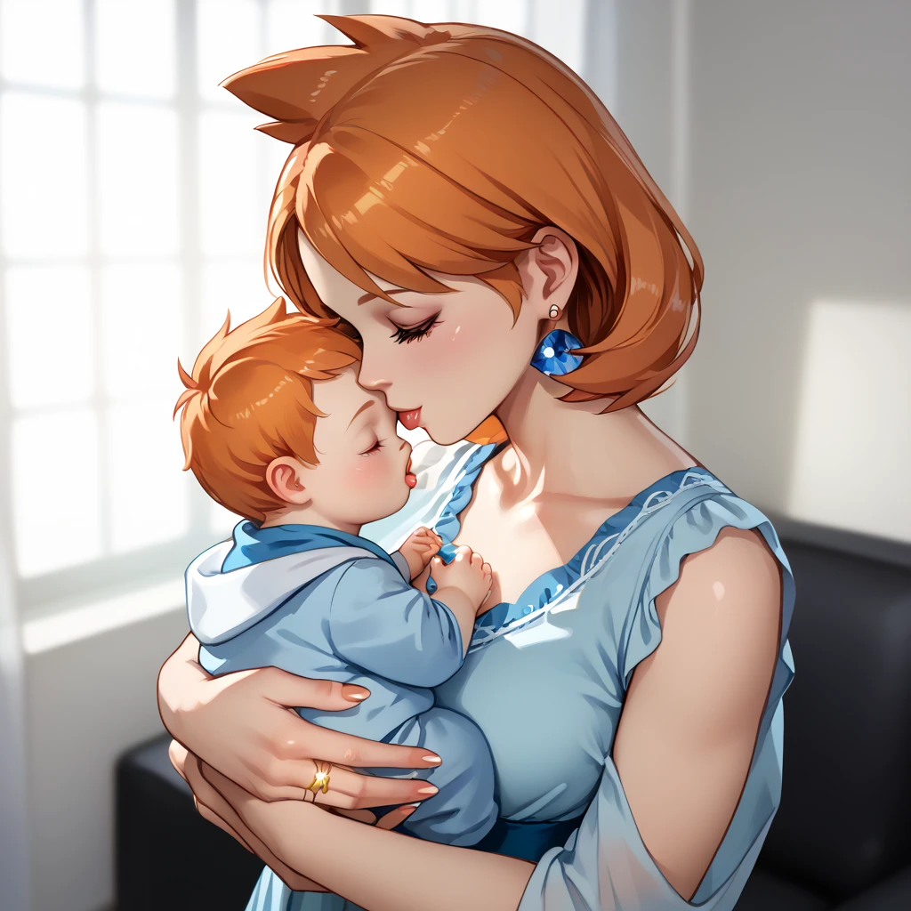 highly detailed, (duo focus), highres, 1woman, 1baby, BREAK, 1woman, Misty_G2, orange hair, gold wedding ring, ring on ring finger, blue teardrop earrings, blouse, holding baby, BREAK, 1baby, black hair, baby black hair, mother with baby, baby carry, swaddled, kiss to forehead,