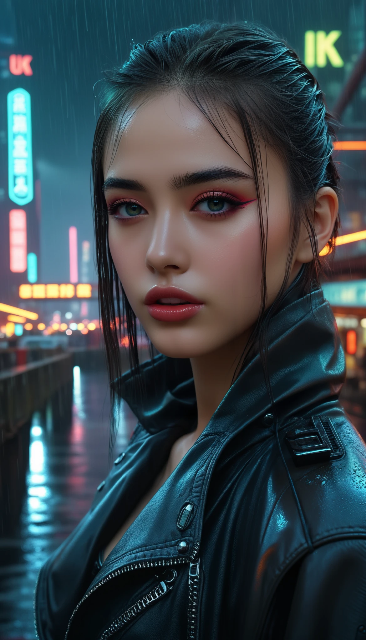 1girl, beautiful detailed face, beautiful detailed eyes, beautiful detailed lips, extremely detailed eyes and face, long eyelashes, beautiful girl, cyberpunk, futuristic city, deep canyon, city skyline, bazaar, bridge, European architecture, rainy night, neon lights, futuristic motorcycle, (best quality,4k,8k,highres,masterpiece:1.2),ultra-detailed,(realistic,photorealistic,photo-realistic:1.37),science fiction,concept art,dramatic lighting,vibrant colors,intricate details