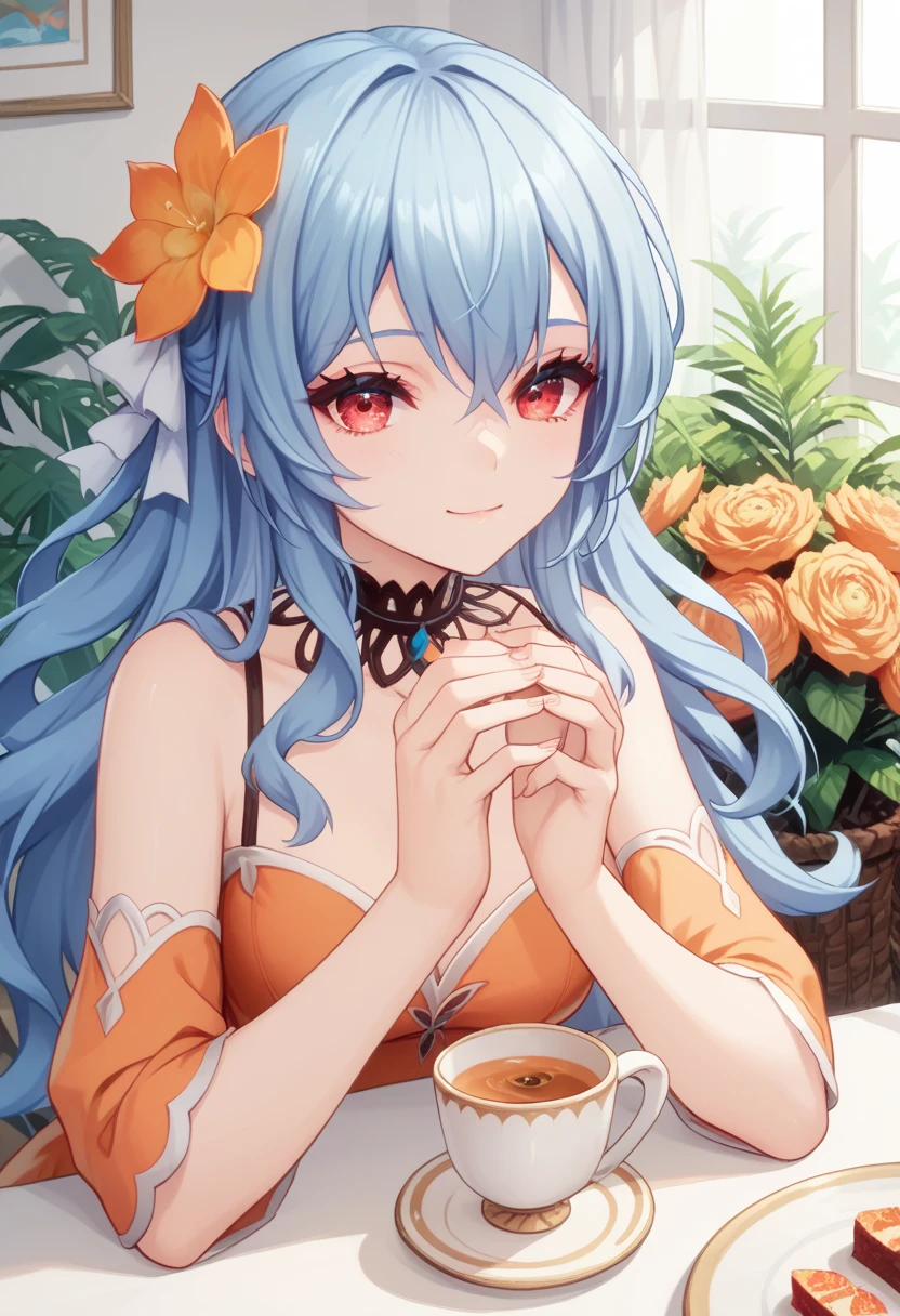 rocbouquet　blue hair　long hair　red eyes　orange dress　hair flower　 hands　Face the table and hold the cup in 　Tea Ceremony