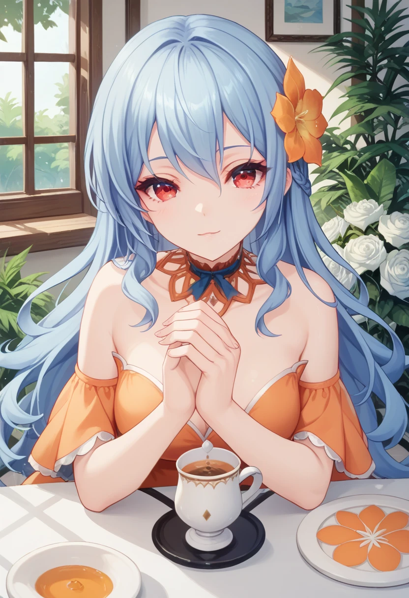 rocbouquet　blue hair　long hair　red eyes　orange dress　hair flower　 hands　Face the table and hold the cup in 　Tea Ceremony