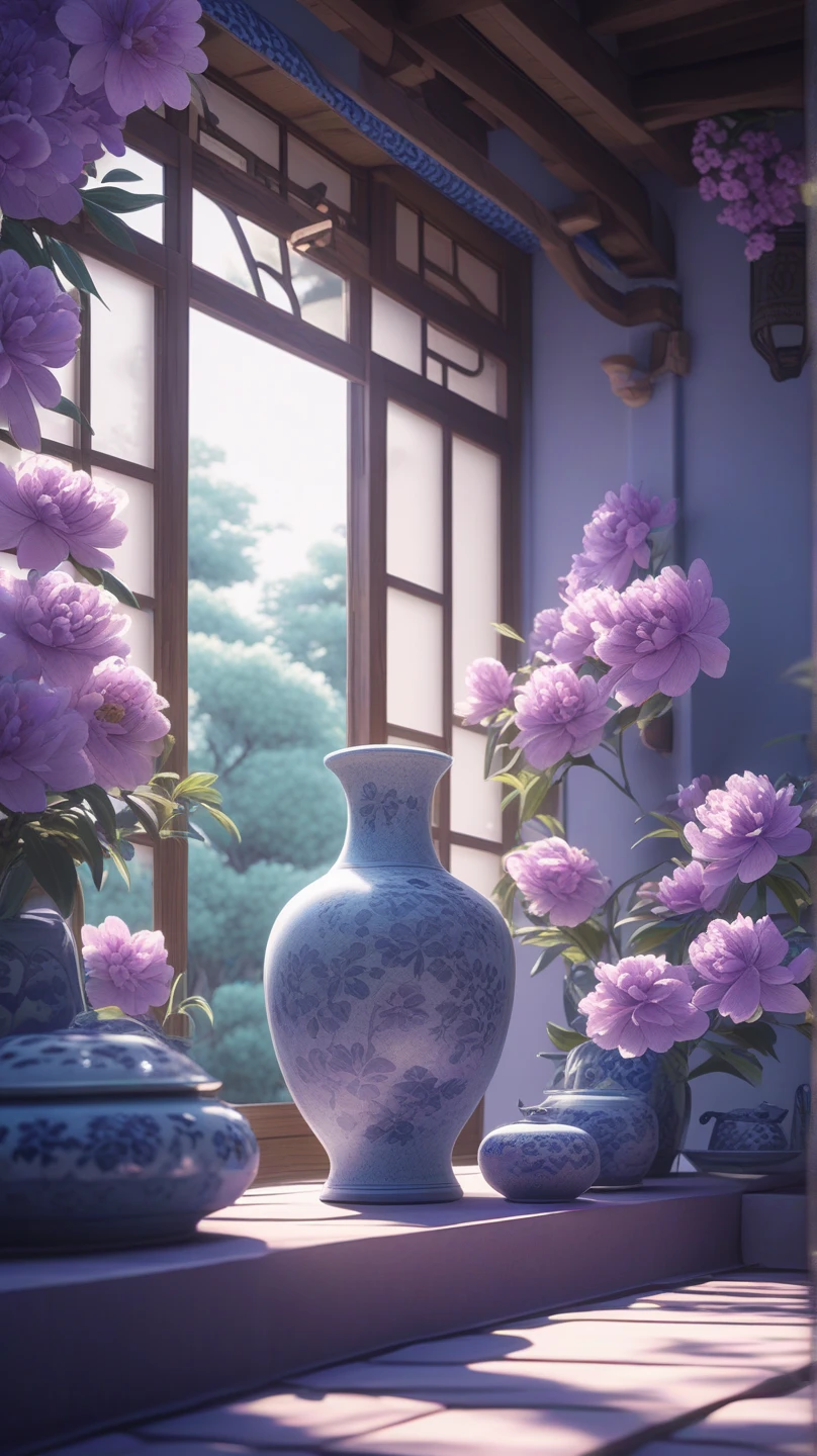 Black and silver Japanese pottery   , beautiful yellow camellias and purple berries are very long, narrow vase , soul,  fairy tale, soul、soul,   colorful  ,  Japanese garden 、  cinematic monotone lighting  , 8k, Bage design  、  High Quality  、   waving his greatest masterpieces 