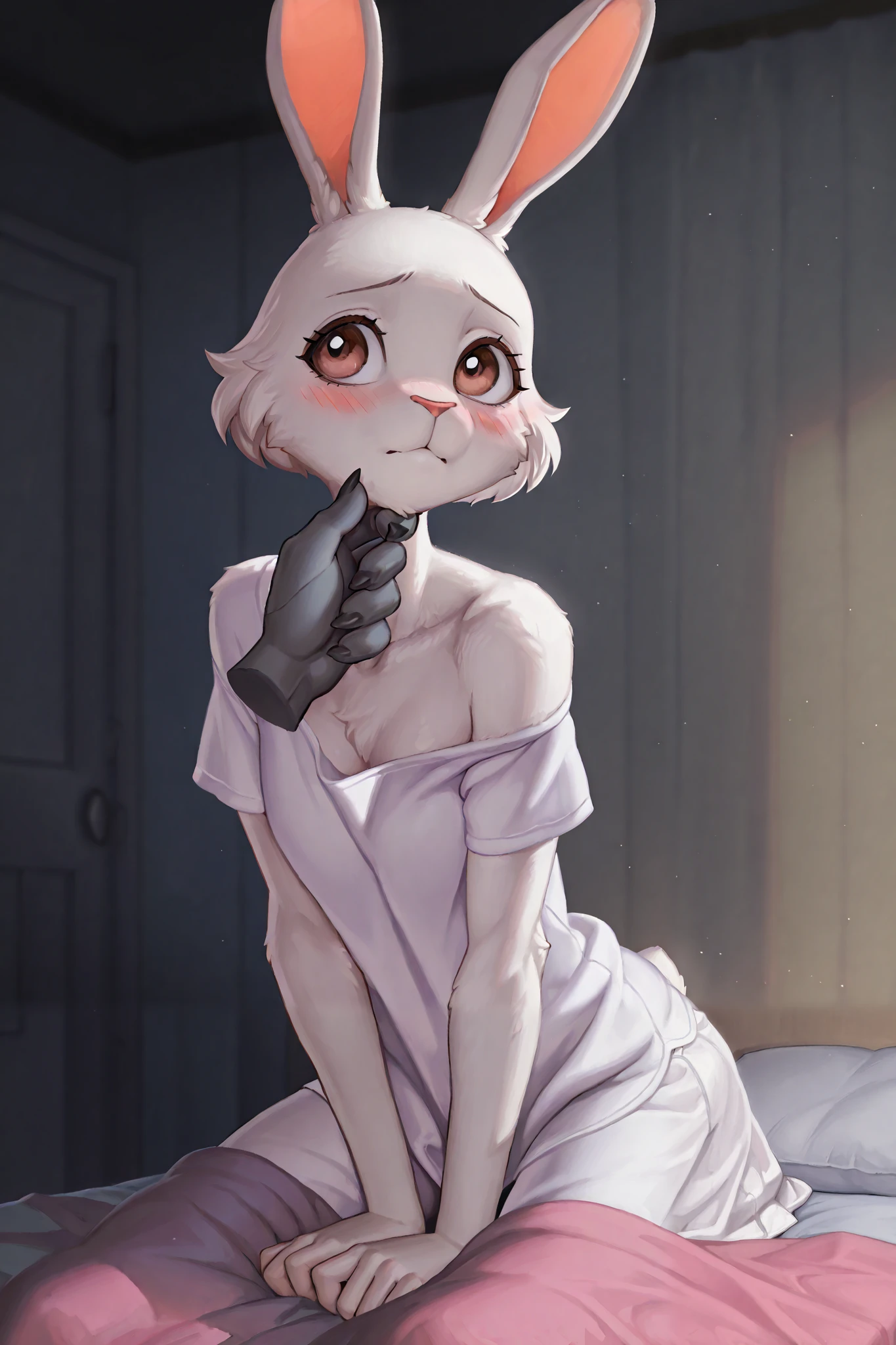 first person view:1.4,  anthro, 1 female, slim, small, cute, white bunny:1.3, /(haru:1.4, beastars/), looking away:1.2, white fur, wears shoulderless pink shirt,(blush:1.2), detailed eyes, timid expression:1.2, blush:1.3, posture:1.4, perfect hands, perfect shirt,lays on bed, layed, full lays, lays on the back, gently covers with one hand, shy soft light, untouched, dark room, on the bed, comfy bed,  grey hand, claws, body out of frame:1.4. (char1 in scenario with a char2's grey_hand rises char1's chin):1.5,(huge char2's gray hand_with 5 fingers and claws):1.3,(char2's legoshi) detailed, dinamic:0.5, masterpiece, professional illustration, trending on artstation, score 9, sdxl, lineless, bordelineless, very aesthetics, anime score, dramatic, aerial, close mid body shot, three quarters, by pixelsketcehr:0.1, by hioshiru:0.1, by pikaflufftuft:0.1, (anthro:0.1)