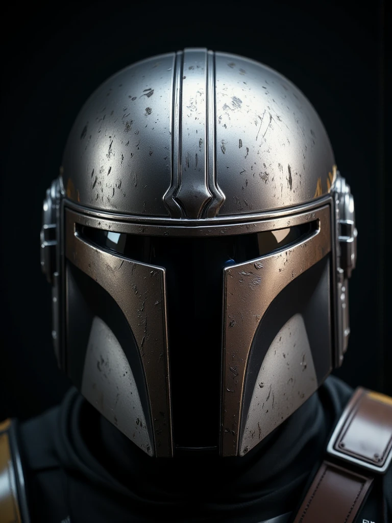 (Mandalorian helmet:1.5), (highly detailed:1.4), (cinematic portrait style:1.5), (dramatic and focused lighting:1.4), (dark background with soft bokeh:1.3), (realistic metallic textures:1.5), (scratches and weathered details:1.4), (reflective visor with faint reflections:1.4), (subtle sci-fi ambiance:1.3), (center-framed composition:1.5), (sharp focus on the helmet:1.4), (soft atmospheric glow:1.3), (professional photography aesthetics:1.5)