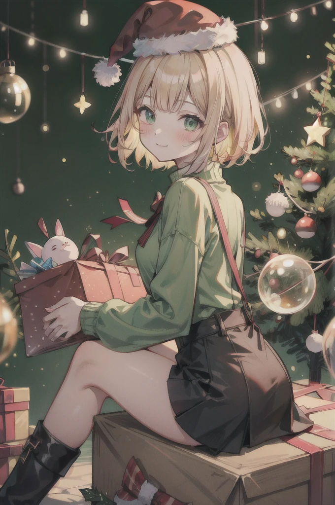 a blonde girl with bangs and short hair with unresolved hair with brown expressive eyes in a green sweater and a short black skirt in boots sits under a Christmas tree among New Year's gifts, minimalism smiles , she's wearing an orange blush She is wearing a red Christmas hat and balloons on a Christmas tree are flashing from behind