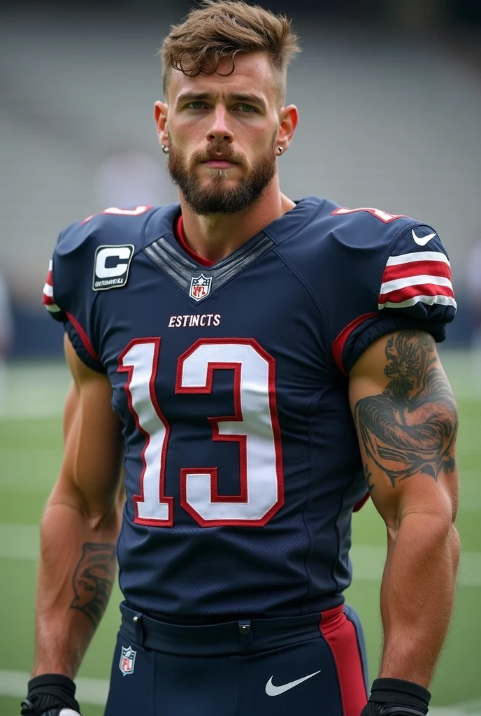 a close up of a Nick Bosa holding a football, colorized photo by Edward Avedisian, photorealism, mid-shot of a hunky, for GQ, football player, athletic tall handsome guys, sexy masculine, shirtless, sporty physique, the super hot and sexy, 30 year old man, dribble