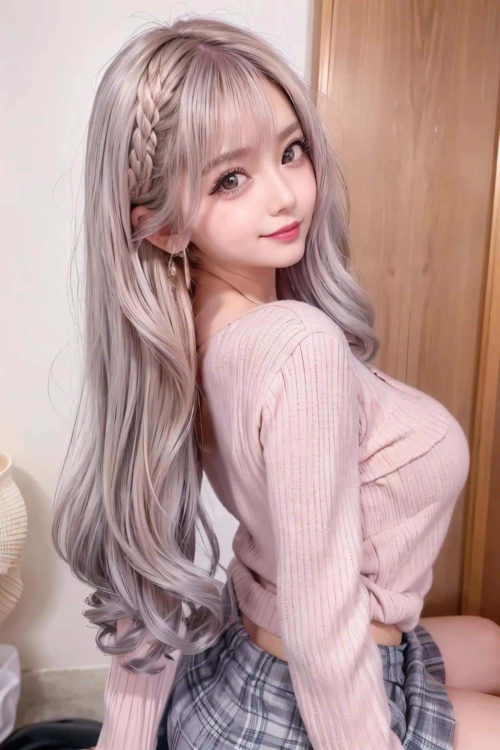 masterpiece, 8k, photo realistic , realistic , 非常に Details, super high resolution , ///1 person, most beautiful, 20 years old , ( sexy, Japanese idol ), (Gray Hair:1.2),/// human detail shiny skin , Detailsな肌 , Beautifully Details face, RAW photo, ( top quality, Details:1.3), top quality, (非常に Detailsな), ハイパー Details, (繊細で Detailsな), (複雑な Details), (Cinematic Light, top quality Backlights), Clear lines, soft Light, mysterious in another dimension, Magic Looking , soft, curly hair 、 Slender, Candid Impressions of Girls , big, well-shaped breasts , beautiful skin, cleavage when lying down, whole body, perfect body,,, Particles of light, cute face, Japanese high school girls , , upper body photo, She narrowed her eyes、 looks at me while smiling shyly , 美しく Detailsな目の絵, (Droopy eyes:1.3), dark eyes, thin eyebrows, Draw eyelashes carefully, gal makeup, ( pink gold wavy hair , medium hair up to buttocks, Middle Part :1.3), ( hidden eyelid crease slightly to the side:1.3), Wearing a clean white button-up shirt., short pleated skirt with grey plaid, Angle taken from below, school classroom