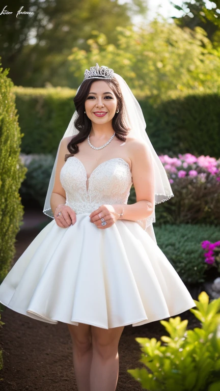 full body shot, from below,  japanese mature, 90 years old,  detailed face , smile, Facial wrinkles, Wrinkles around the eyes,  Detailed Skin Textures ,  white skin,  long hair, curvy body, saggy breasts,  plump thighs, (earrings,  necklace, ballerina, wedding dress, tiara, wedding veil, mini skirt:1.2), ( is wearing high heels:1.2), (Standing in the garden,  photograph the whole body from toe to head:1.2), (surrealism, best quality, ultra detailed, absolutely resolution, 8k, anatomically correct), depth of field, looking at viewer, full body,  detailed face , (very short mini skirt wedding dress, Flared skirt) 