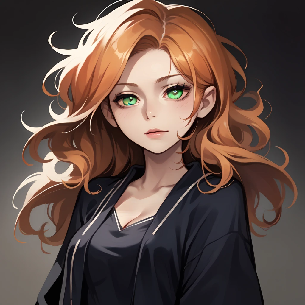 woman character with medium-length orange hair and big grey eyes for a dystopian game, dressed in beautiful clothes in the 50s/60s style
