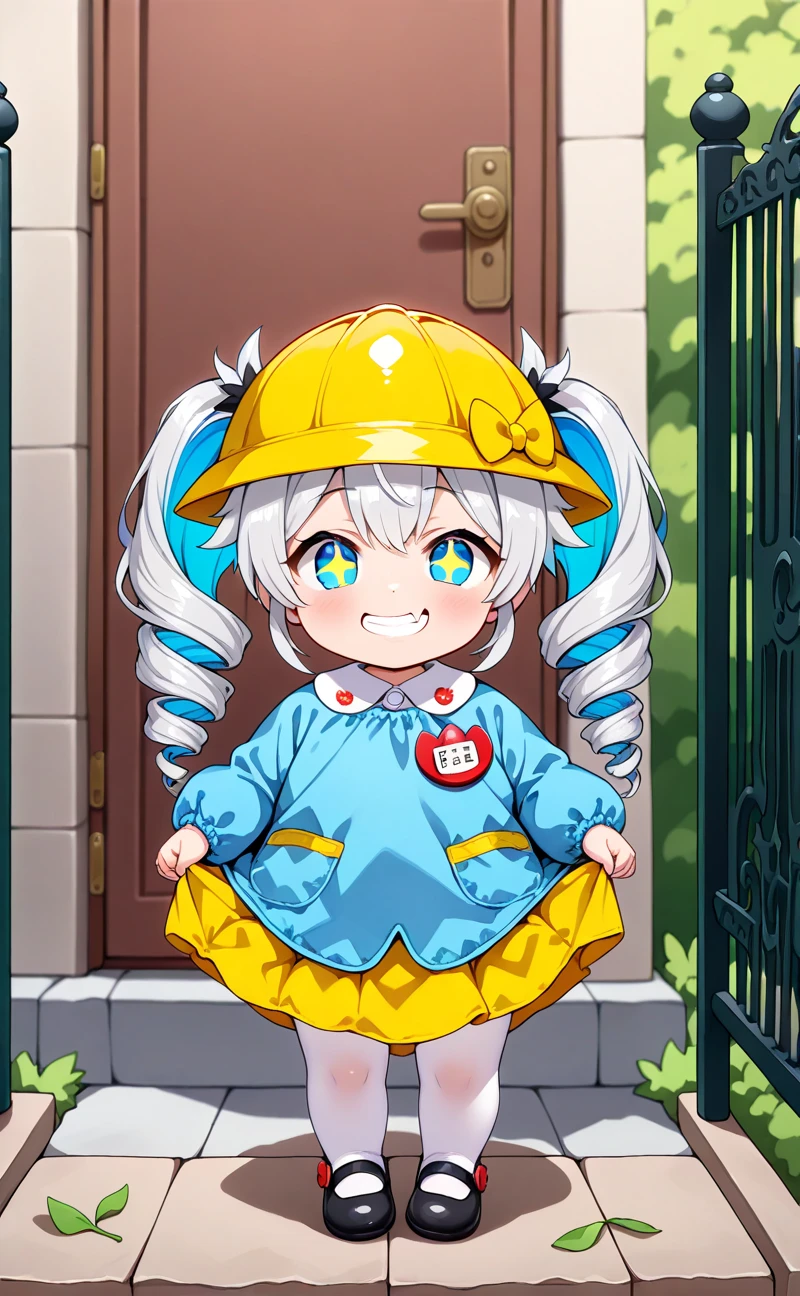 score_7_up,score_8_up,score_9, cowboy shot,  toddolercon, solo, ((1girl, little toddler:1.2, Short limbs, full body)), long hair, twintails, hair covering eyes, drill hair, silver hair, blue inner hair, blue eyes, +_+, (kindergarten uniform, yellow school hat), flat chest, white pantyhose, black loafer, BREAK, standing, curtsey, doyagao, closed mouth, grin smile, skin fang, BREAK, outdoor, Kindergarten, at the gate