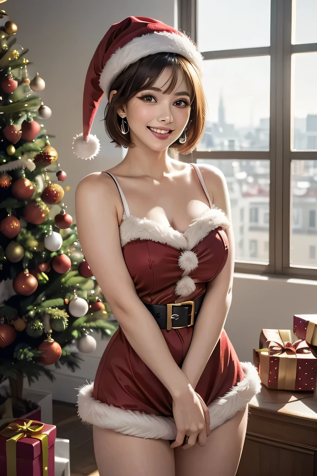 (1. beautiful women, Energy Core Shining at the Top), (Perfect Anatomy), anatomically accurate body shape, ((COWBOY SHOT)), Golden Ratio, (top quality:1.4), 32k resolution, (realistic), (ultra realistic), High resolution UHD, (masterpiece :1.2), (Very Beautiful Face), (grin), (Santa Claus's red fur costume and hat :1.37), earrings, very detailed, beautiful eyes, double eyelids, eyelash, Shaping your eyebrows, beautiful eyes, Perfect Lips, NATURAL COSMETICS, [apply pink lipstick], (beautiful teeth), (brunette pixie cut), ((background:  home room decorated with a Christmas tree)), ((realistic)), ((Sharp Focus)), (highest resolution), ((The most ridiculous quality)), ((masterpiece )), PROFESSIONAL CINEMA LIGHTING