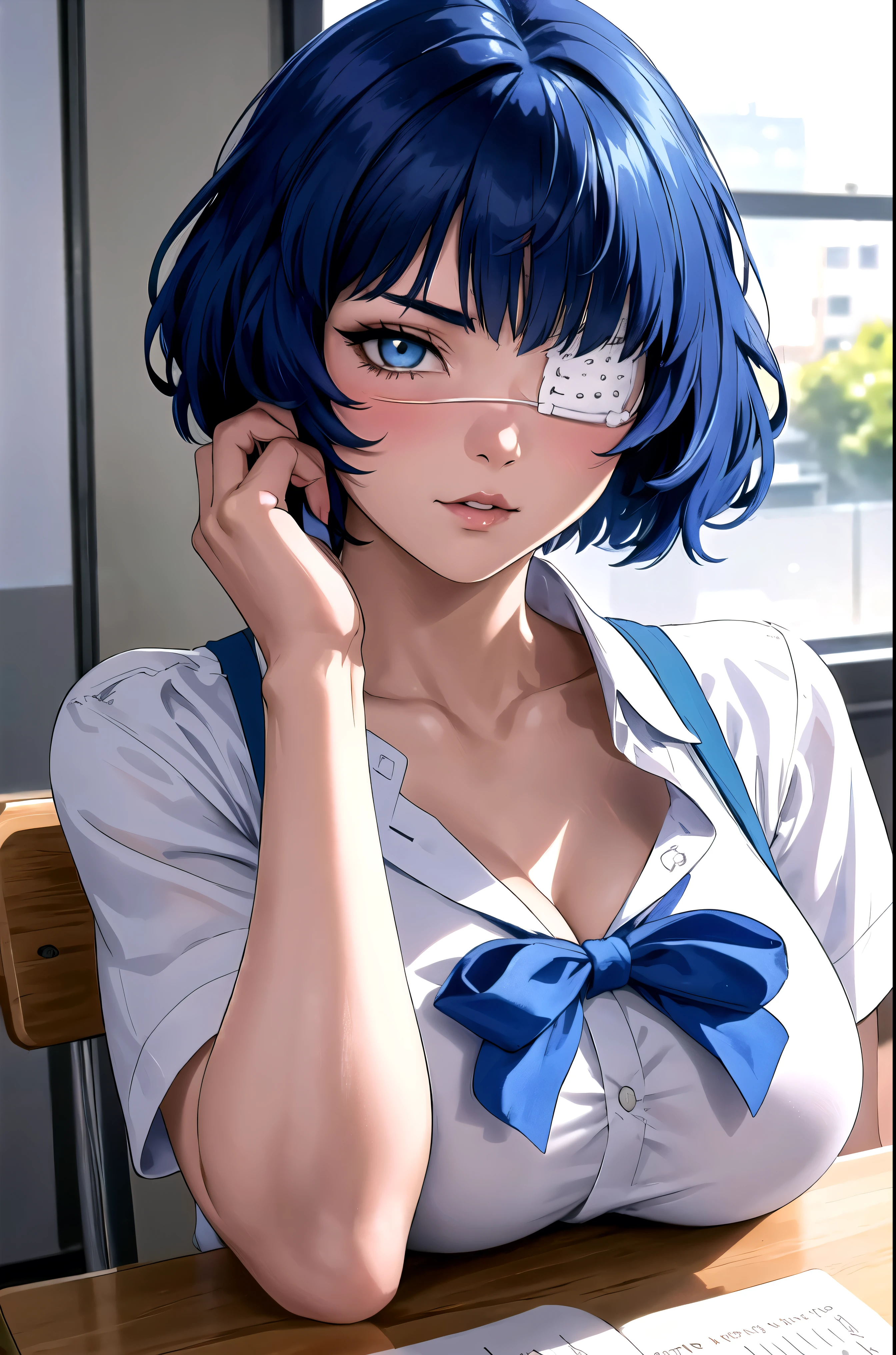 he-he-he®, (Remu Shimei, 1 girl, beautiful detailed eyes, beautiful detailed lips, extremely detailed eyes and face, long eyelashes, blue hair, short hair, (eyepatch: 1,2), blush), 1 girl, mature woman, Beautiful Body, Beautiful nose, Beautiful character design , beautiful eyes, perfect face,expressive eyes, looking at the viewer, official art ,чрезвычайно подробные обои CG Unity 16k, perfect lighting,Colorful, bright_Front_face_Lighting fixtures,shiny skin, (masterpiece:1.0),(best_quality:1.0), сверх High definition ,4K, ultra-detailed , photo, 16K, HDR, High definition , absurdity:1.2, blurred background, hips:1.2, lens glare, (bright_color:1.2), (Beautiful_face:1.5),(narrow_waist), full height, at full height, Exquisite visual effects , High definition , masterpiece, best quality, big breasts, school uniform, red bow on the chest, blue skirt, white blouse, sits on the desk, flushed face, school, Class, sits on the desk, board, textbooks, Night дарит силы и красоту, viewer focus on boobs, the girl looked down at her chest, the blouse is buttoned up to the top, Night, moonlight from the window