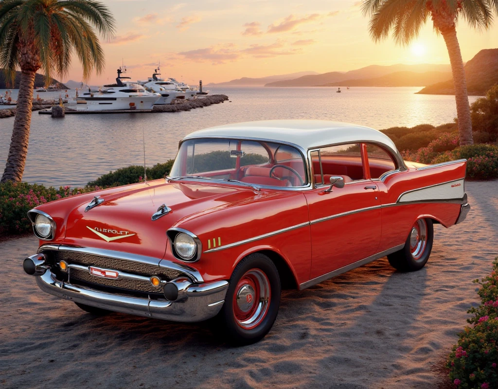 Red car with white 57 Chevy details and beach and boats and yachts at sunset