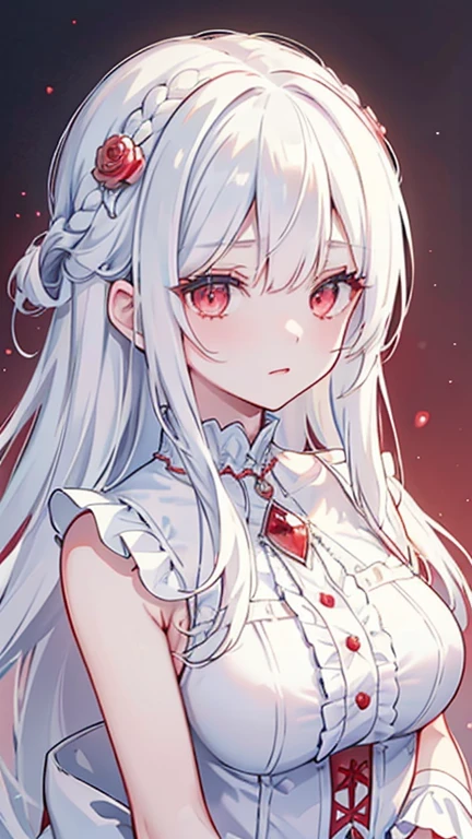 limited palette), best quality, (((masterpiece))), (((beautiful detailed hair))), (((beautiful detailed skin))), solo, ************, younger, ****, (((white hair))), red eyes, (mascara), blunt bangs, ((hair over eyes)), long hair, medium breasts, frilled white dress, white frills, too many frills , rose, noble, loyal, brides hair head, (((eye focus))), (((expression horny))), blurry background, shining eyes, star eyes, (red theme), bedroom background, looking at viewer, (((hair tucking))), (( (night))), half-closed eyes, close-up, (((hair ornament))), upright body, neatly cut bangs, braided hair behind head, sleeveless dress